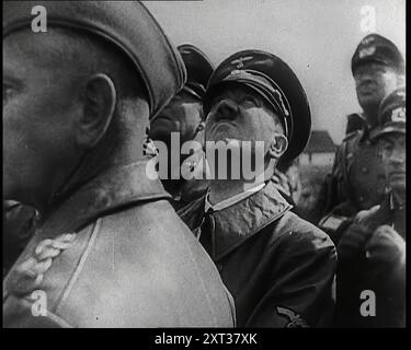 Adolf Hitler stand mit einer Gruppe anderer männlicher deutscher Militärkommandanten und blickte nach oben, 1939. Aus „Time to Remember – The Reluctant Warriors“, 1939 (Reel 3); Dokumentarfilm über Ereignisse von 1939 – Vorbereitungen für den Krieg und dann Feindseligkeiten brechen aus. Stockfoto