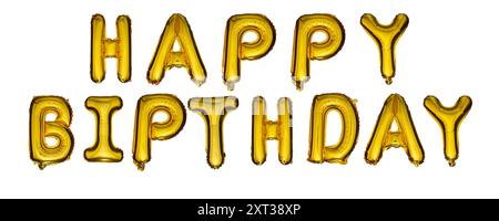 Goldene HAPPY BIRTHDAY-Worte aus aufblasbaren Ballons isoliert auf weißem Hintergrund Stockfoto