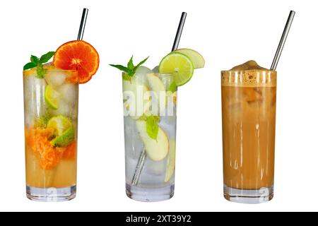 Orange Virjin Mojito, Apple Virgin Mojito, kalter Kaffee auf weißem Hintergrund Stockfoto