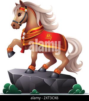 Jahr des Pferdes Chinesische Tierkreiszeichen, mit niedlichen 3D bunten Jahr des Pferdes Chinesische Tierkreiszeichen, mit niedlichen 3D bunten Pferd Illustration tragen Stock Vektor