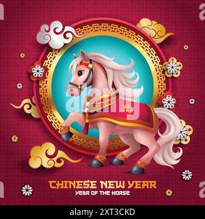 Jahr des Pferdes 2026 chinesische Tierkreiszeichen, mit niedlicher 3D farbenfroher Horse Illustration und goldenen Ornamenten Stock Vektor