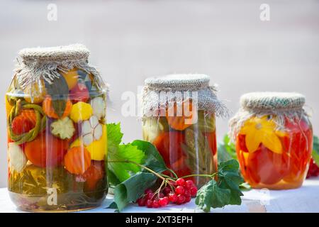 Gemüse in Dosen in Glasgläsern. Ernte von Obst und Gemüse. Stockfoto