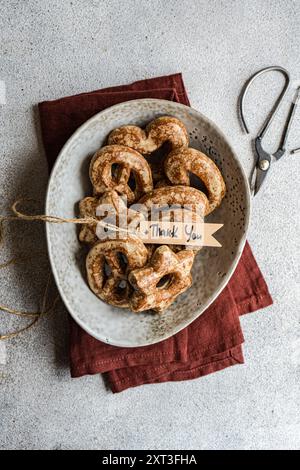 Blick von oben auf hausgemachte Lebkuchenkekse in Sternform, mit Zucker bestäubt, präsentiert in einer Keramikschale auf einer strukturierten grauen Oberfläche mit einem Dankeschön-Tag, A Stockfoto