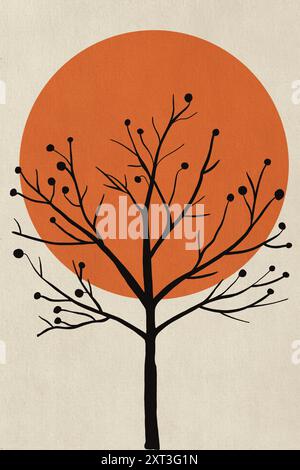 Eine minimalistische Illustration mit einer schwarzen Silhouette eines Baumes mit kargen Blättern vor einem leuchtenden orangefarbenen Kreis, die an einen Sonnenuntergang oder Herbstmonat erinnert Stockfoto