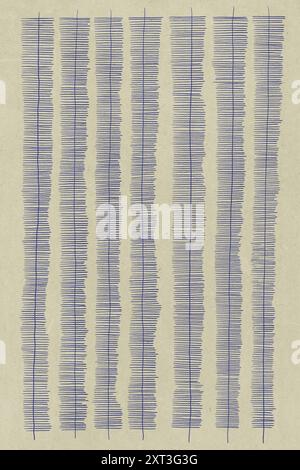 Eine kreative und abstrakte Illustration mit mehreren vertikalen blauen Streifen mit leichten Variationen auf einem strukturierten beigefarbenen Hintergrund, ideal zum Nachdenken Stockfoto