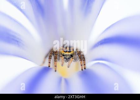 Eine lebendige Darstellung einer springenden Spinne inmitten der sanften Falten einer blassvioletten Blüte Stockfoto