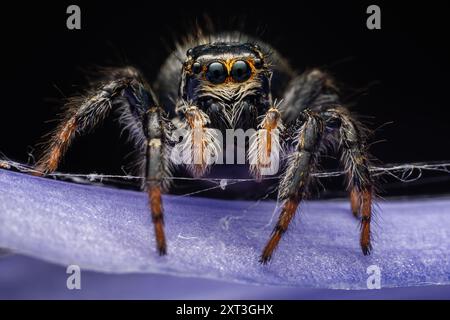 Eine detaillierte Makroaufnahme, die eine springende Spinne auf einer violetten Oberfläche mit ihren lebendigen Augen und ihrer pelzigen Textur einfängt Stockfoto