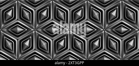 Dieses nahtlose geometrische 3D-Muster in Schwarz und weiß bietet eine komplexe Anordnung von Formen, die ein faszinierendes und modernes Design für die Wand schaffen Stockfoto