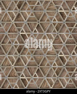 Ein detailreiches Bild mit nahtlosem geometrischem Muster mit holzstrukturierten Dreiecken, umgeben von silbernen Metallic-Umrissen. Stockfoto