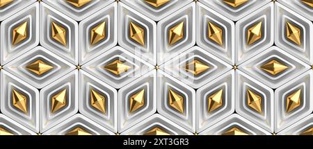 Nahtloses Tapetendesign mit einem luxuriösen geometrischen 3D-Muster aus goldenen und grauen Formen. Ideal für elegante und anspruchsvolle Hintergründe Stockfoto