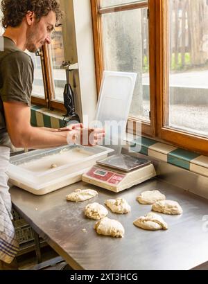 Ein Bäcker wiegt sorgfältig Portionen Pizzateig auf einer digitalen Waage, um eine gleichbleibende Qualität zu gewährleisten, inmitten einer natürlichen, rustikalen Umgebung Stockfoto