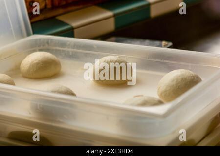 Rohe, perfekt geformte Pizzateigkugeln, die in einem durchsichtigen Kunststoffblech aufgehen und die ersten Schritte der Pizzazubereitung festhalten Stockfoto