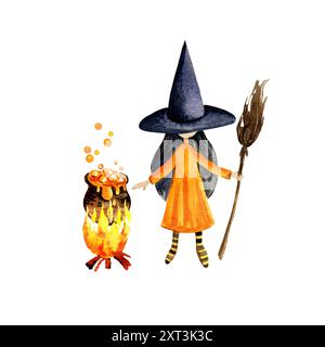 Aquarell junge Hexe mit schwarzem Hut und gestreiften Strümpfen mit Besen und Pot mit Trank auf Feuer, Halloween-Zeichentrickillustration der Zauberin, ha Stockfoto