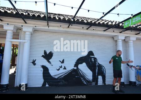 London, Großbritannien. August 2024. Banksy enthüllt neuntes Tierwerk im Londoner Zoo. Das Graffiti an den Fensterläden im Londoner Zoo ist das neunte Werk des Künstlers in neun Tagen. (Foto: Laura Chiesa/Pacific Press) Credit: Pacific Press Media Production Corp./Alamy Live News Stockfoto