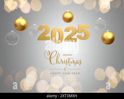 Frohe Weihnachten und Happy New Year 2025 - die goldenen Zahlen 2025 hängen an Saiten, umgeben von goldenen weihnachtskugeln aus Glas. Bokeh Stockfoto