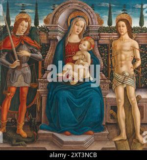 Thronte Madonna und Kind mit den Heiligen Michael und Sebastian, zweite Hälfte des 15. jahrhunderts. In der Sammlung der Privatsammlung gefunden. Stockfoto