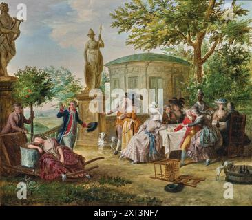 Elegantes Gesellschaftsessen in einem klassischen Garten, 1780er Jahre In der Sammlung der Privatsammlung gefunden. Stockfoto