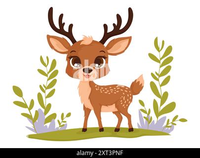 Entzückendes Cartoon-Hirsch mit Geweih auf Gras, umgeben von Pflanzen, perfekt für Kindermotive oder Naturmotive. Stock Vektor