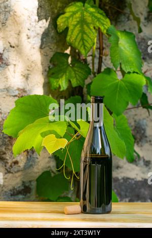 Eine Flasche Rotwein und Kork auf einem Holzbrett mit Weinblättern im Hintergrund. Natürliche Sonnenaufgangsbeleuchtung. Stockfoto