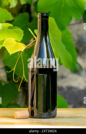 Eine Flasche Rotwein und Kork auf einem Holzbrett mit Weinblättern im Hintergrund. Natürliche Sonnenaufgangsbeleuchtung. Stockfoto