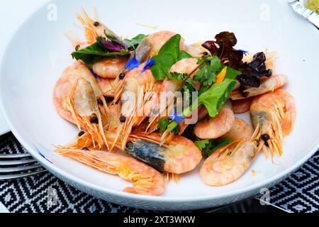 Eine Schüssel gekochte Garnelen mit Salatblatt-Beilage - John Gollop Stockfoto