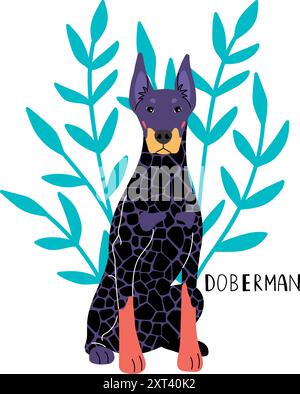 Doberman-Hund mit einem hellen Druck in ungewöhnlicher Farbe sitzt vor dem Hintergrund von Zweigen, die Autoren arbeiten Stock Vektor