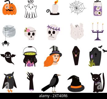 Halloween Element Set Spinnennetz, Skelett, Hexenkessel lustiger Kürbishut Spinnenkessel Mondfledermaus Geisterautoren arbeiten Stock Vektor