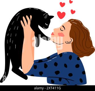 Die Frau hält eine schwarze Katze in den Armen. Glückliches Leben mit einem Haustier Illustrationen arbeiten Autoren Stock Vektor