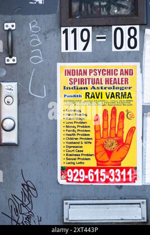 Unterschreiben Sie Pandith Ravi Varma, eine Hellseherin, Astrologe und spirituelle Heilerin. Er garantiert Ergebnisse. Auf der Liberty Ave in South Richmond Hill, Queens, New York. Stockfoto