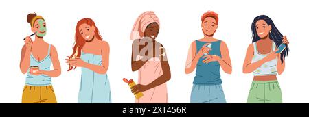 Glückliche junge Frauen, die Schönheitsbehandlungen nach dem Baden flache Farbe Vektor-Icon Set nehmen. Pretty Ladies Skin and Body Care Illustration Pack auf weiß Stock Vektor