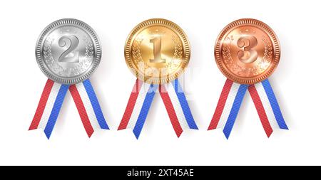 Goldene, silberne und bronzene Medaillen mit Frankreich Fahnenbändern realistische Vektor-Illustration. Der Gewinner des Wettbewerbs belohnt 3D-Modelle auf weißem Hintergrund Stock Vektor