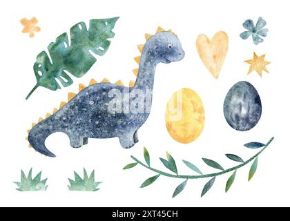 Dinosaurier Aquarell Illustration Set von bunten Tieren isoliert auf weißem Hintergrund. Niedliche Charaktere für das Kinderzimmer. Einladung, Karte, Buch Stockfoto