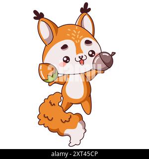 Kleines Kawaii Eichhörnchen Junges hält Eicheln in Händen flache Farbe Vektor Stil. Niedliche flauschige Waldbewohner in verspielter Pose, die auf weiß läuft Stock Vektor