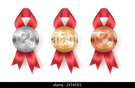 Siegermedaillen mit Bändern und Bögen realistische Vektorillustration. Sportsmen Trophäe für den Sieg beim Wettbewerb 3D-Modelle auf weiß Stock Vektor