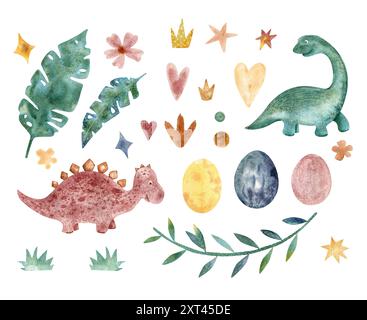 Dinosaurier Aquarell Illustration Set von bunten Tieren isoliert auf weißem Hintergrund. Niedliche Charaktere für das Kinderzimmer. Einladung, Karte, Buch Stockfoto