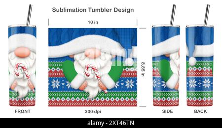 Lustige Weihnachtszwerg-Zeichentrickfigur. Nahtlose Sublimationsschablone für dünnen 20-ml-Becher. Sublimationsdarstellung. Stockfoto