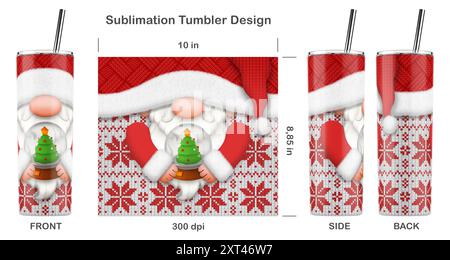 Lustige Weihnachtszwerg-Zeichentrickfigur. Nahtlose Sublimationsschablone für dünnen 20-ml-Becher. Sublimationsdarstellung. Stockfoto