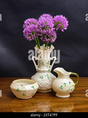 Lila Sensation allium. In einer schönen weiß mit grünen Schamrocks Beleek Vase mit Zucker und Milchhaltern. Hergestellt in Irland. Stockfoto