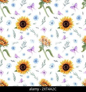 Sonnenblumen und fliegende Schmetterlinge. Blühende Kräuter mit flatterndem rosa Insekt. Nahtloses Muster mit Wiesenpflanzen. Aquarellblumen-Illustration Stockfoto