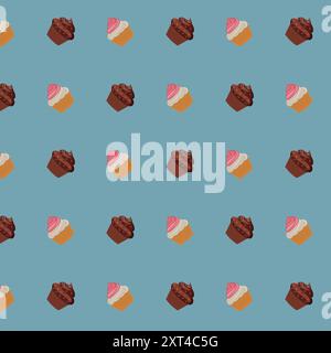 Muster von Schokolade und weißen Cupcakes auf blauem Hintergrund. Stock Vektor