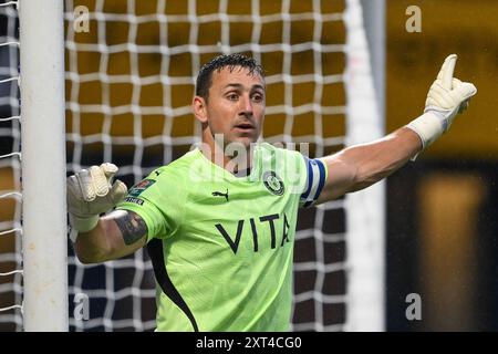 Ben Hinchliffe aus Stockport County gibt seinem Team Anweisungen während des Carabao Cup Matches Stockport County gegen Blackburn Rovers im Edgeley Park Stadium, Stockport, Vereinigtes Königreich, 13. August 2024 (Foto: Craig Thomas/News Images) Stockfoto