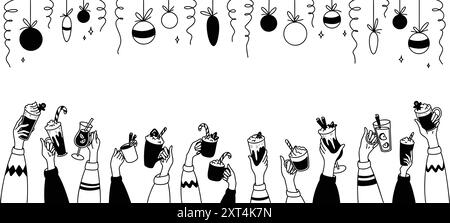 Frohe Weihnachten und frohe Neujahrsfeierlichkeiten. Lustige Menschenmenge mit heißen Getränken in den Händen bei der Partyfeier. Konfetti und Christm Stock Vektor