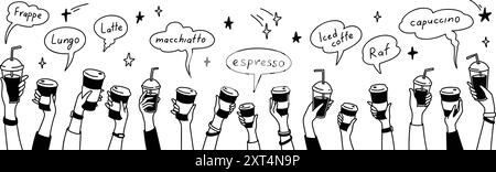 Hände mit Kaffee kritzeln. Menschenmenge, Männer und Kinder, die Einwegglas und Pappbecher halten. Hintergrund des Teamwork-Konzepts. Anderer Name t Stock Vektor