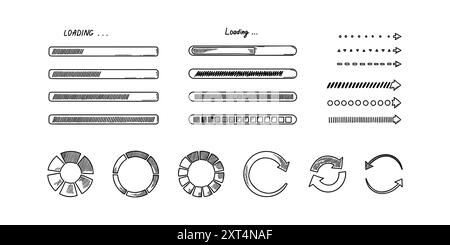 Kritzelladestange, Kreise. Handgezeichneter Satz von Grafik-, Anwendungs- und ui-Designelementen. Status des Skizzenfortschritts, Upload-Geschwindigkeit, Akkuladung. Stock Vektor