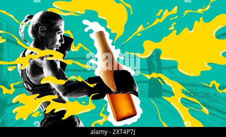 Boxsportlerin in Handschuhen mit Bierflasche, in Bewegung, kämpft gegen abstrakten bunten Hintergrund. Kampfsport. Zeitgenössische Kunstcollage. Stockfoto