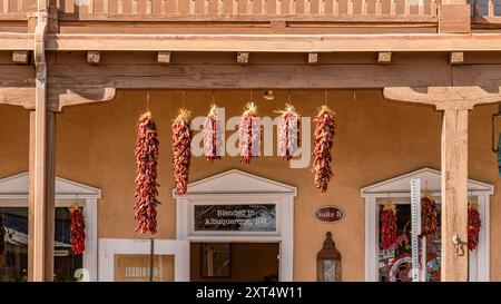 Albuquerque, NM, USA-28. März 2024: Arrangements von getrockneten Chili-Paprika, genannt Ristras, hängen von der Holzdecke in Albuquerque New Mexico. Stockfoto