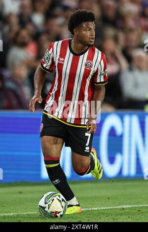 Sheffield, Großbritannien. August 2024. Rhian Brewster von Sheffield United bricht mit dem Ball während des Carabao Cup-Spiels Sheffield United gegen Wrexham in der Bramall Lane, Sheffield, Vereinigtes Königreich, 13. August 2024 (Foto: Mark Cosgrove/News Images) in Sheffield, Vereinigtes Königreich am 13. August 2024. (Foto: Mark Cosgrove/News Images/SIPA USA) Credit: SIPA USA/Alamy Live News Stockfoto