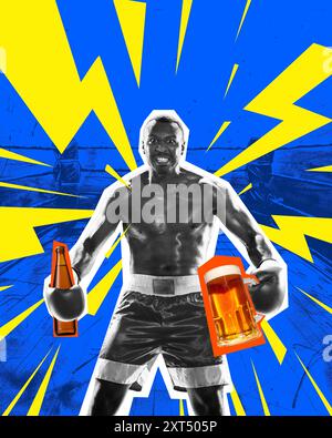 Mächtiger emotional muskulöser Mann, Boxsportler mit Lagerbierflasche und Becher vor abstraktem Hintergrund. Zeitgenössische Kunstcollage. Stockfoto