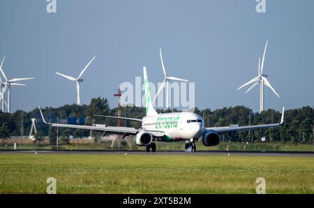 Transavia-Flugzeug landet am Flughafen Amsterdam Schiphol, Polderbaan, 18R/36L, Windpark im Hintergrund, Niederlande, Stockfoto