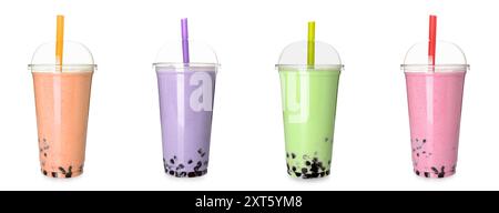 Set von leckerem Bubble Tee auf weißem Hintergrund Stockfoto